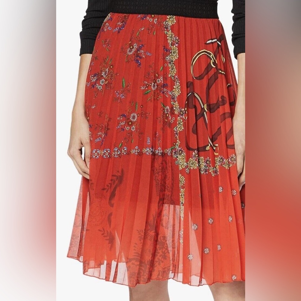 Desigual Andrea Red Midi A-Line Skirt with Pleats - Picture 2 of 7